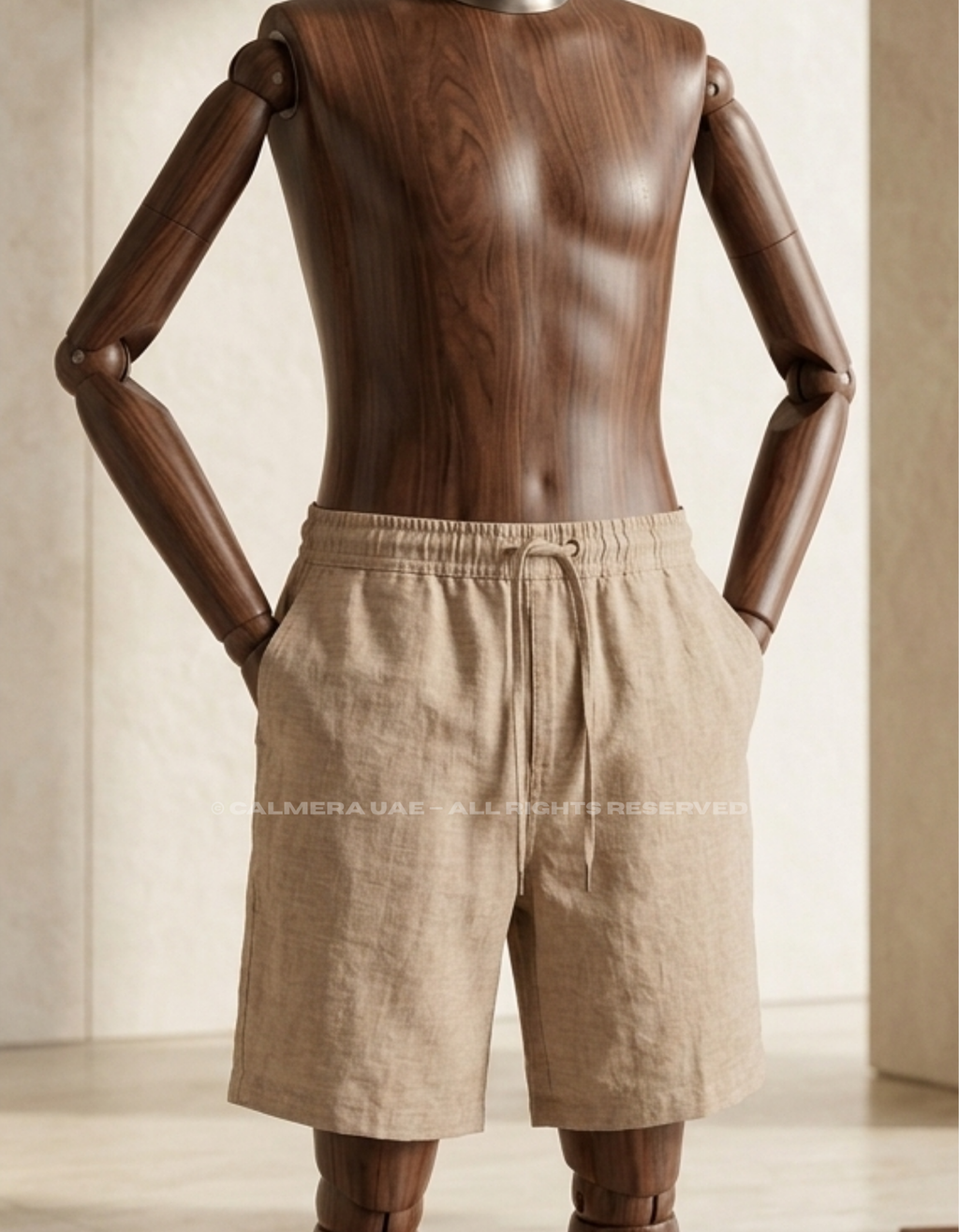 Beige Linen Drawstring Shorts